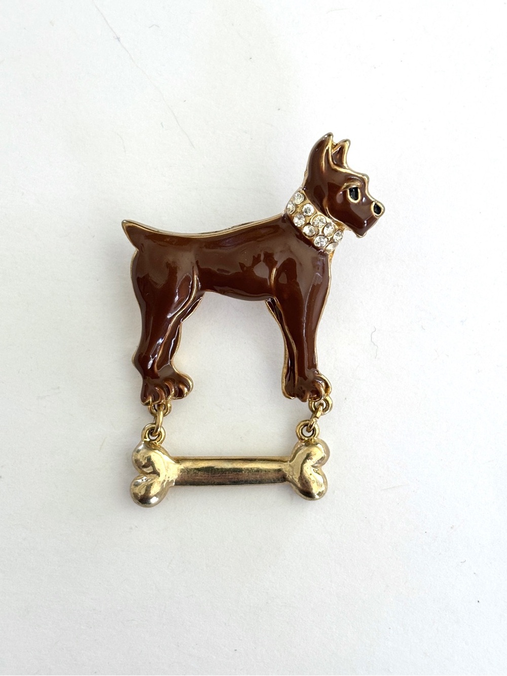 Brown enamel and gold tone dog with crystal collar and bone brooch pin